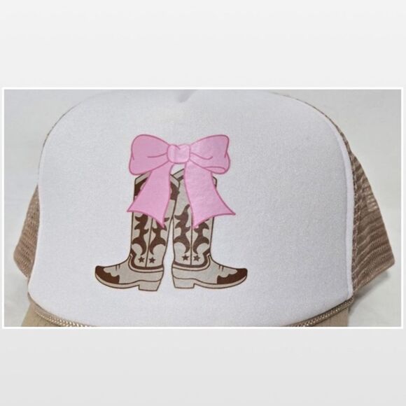 New Trucker Hat Cowboy Boots Pink Bow Tan & White - Picture 3 of 14